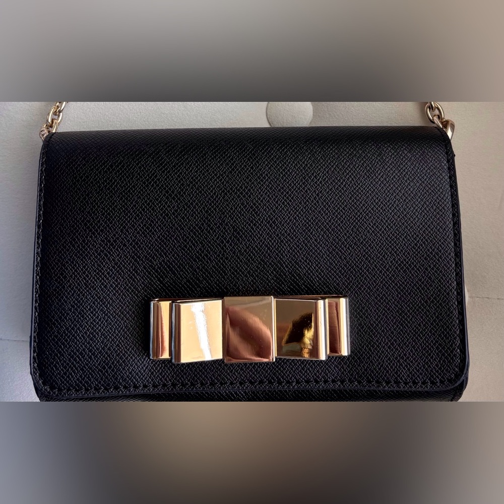 Ivanka Trump Black and Gold Crossbody Bag with Gold Metal Bow